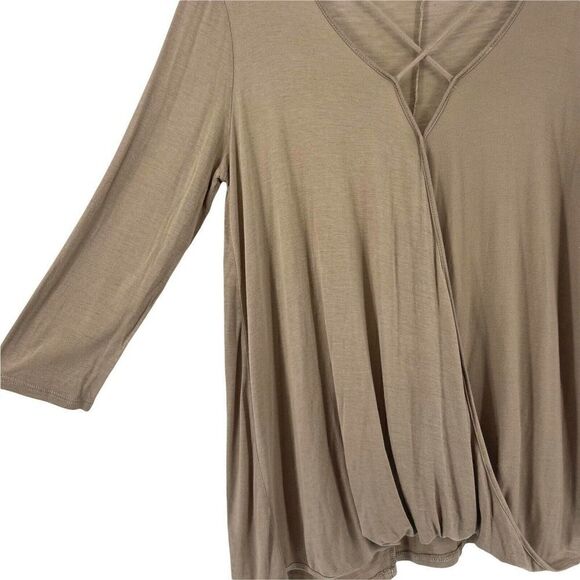 Molly Green Top Brown Criss Cross V Neck Draped 3/4 Sleeve Jersey Stretch Knit L - Picture 5 of 8